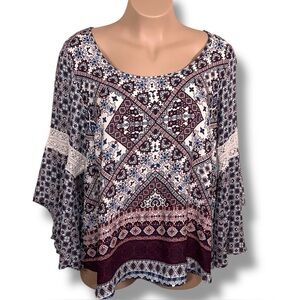 3x Three Hearts Boho Blouse White Blue Burgundy Red Floral Bell Sleeve Plus